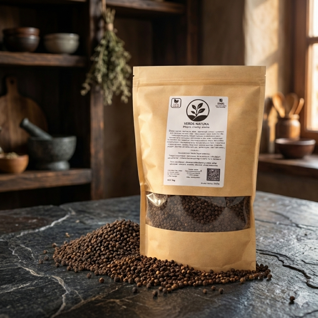 Ziarna czarnego pieprzu rozsypane na ciemnym tle, symbol jednej z najcenniejszych przypraw w historii, nazywanej kiedyś „czarnym złotem”, która w średniowieczu była używana nawet jako waluta w handlu.