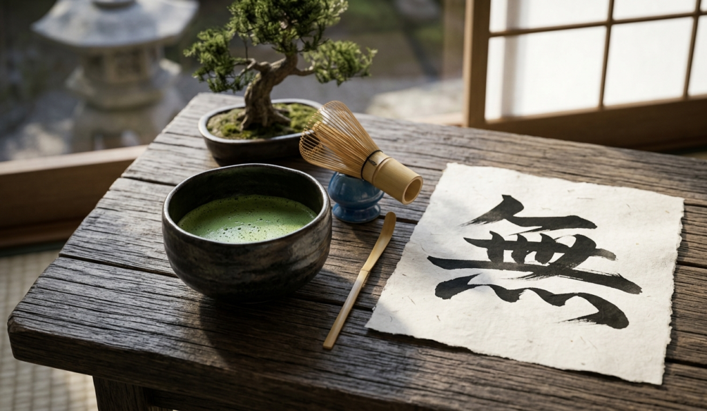 Zielona herbata matcha w japońskiej czarce na drewnianym tle, japońska kaligrafia znaku Mu, estetyka zen i mindfulness
