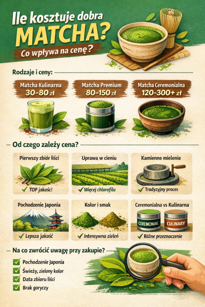 matcha, ile kosztuje matcha, cena matchy, dobra matcha, matcha ceremonialna, matcha kulinarna, jak wybrać matchę, co wpływa na cenę matchy, herbata matcha, matcha właściwości, matcha latte, zdrowa herbata, japońska matcha, zielona herbata proszek, premium matcha, ceremonial matcha vs culinary matcha, matcha guide, matcha ceny 2026, herbata japońska, zielona matcha, superfood matcha