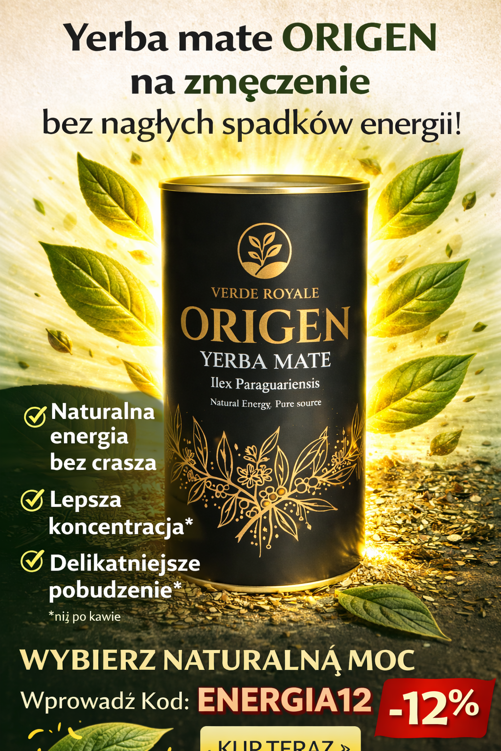 yerba mate, yerba mate origen, yerba mate na zmęczenie, naturalna energia, energia bez crasha, alternatywa dla kawy, zdrowe pobudzenie, koncentracja i skupienie, yerba mate efekty, mateina działanie, biohacking, produktywność, brak energii, jak mieć więcej energii, zdrowy styl życia, naturalne sposoby na zmęczenie,